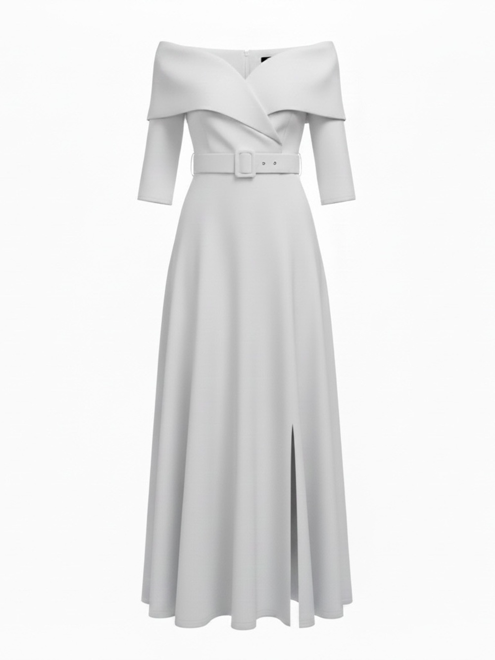 Has pants underneath the dress. Off-Shoulder White Belted Maxi Dress